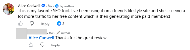 Alice Cadwell comment, 8 weeks old: 'This is my favorite SEO tool...' The advertiser replies: 'Thanks for the great review!'
