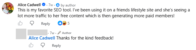 Alice Cadwell comment, 7 weeks old: the same text. The advertiser replies: 'Thanks for the kind feedback!'